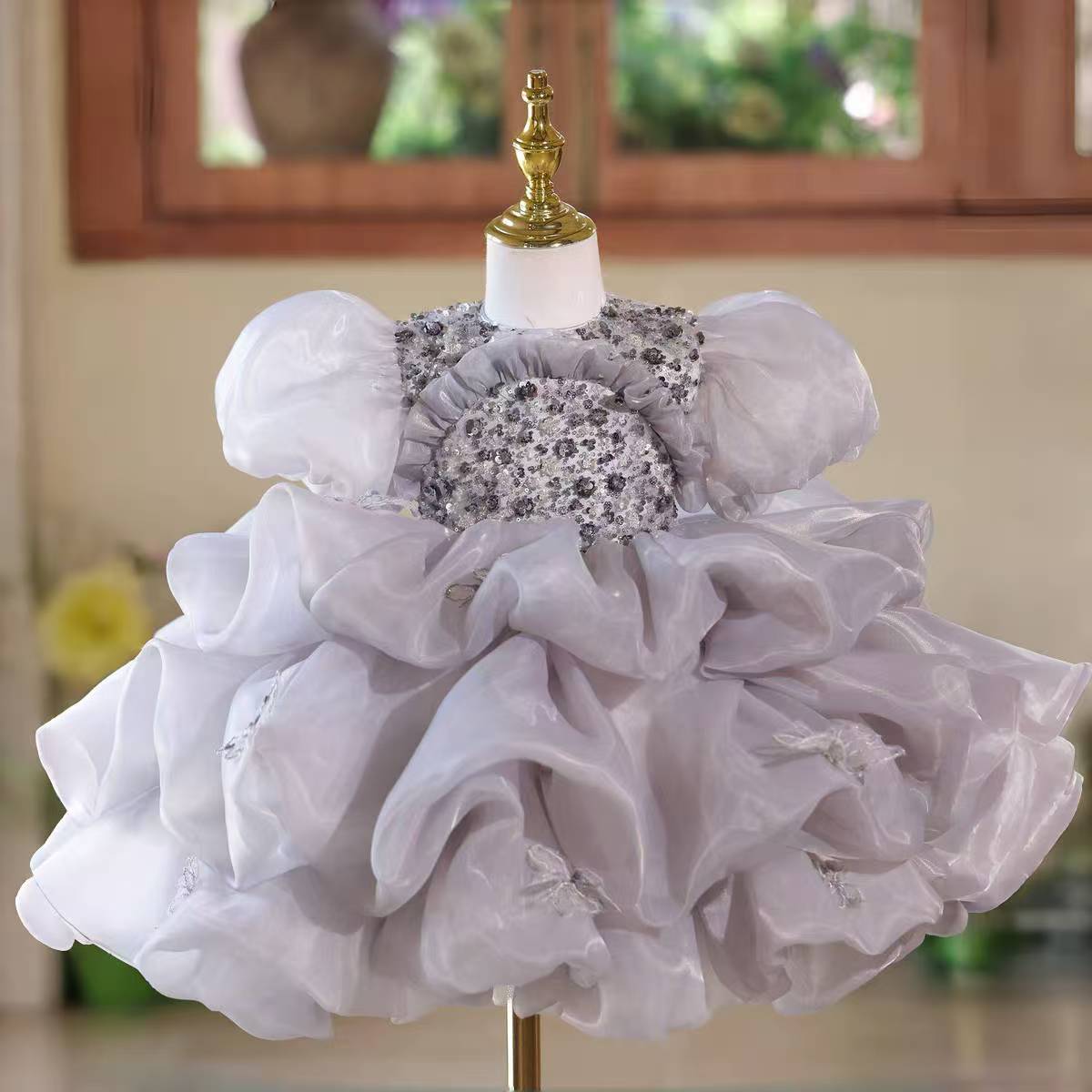 Gray Flower Girl Dress Knee Length Wedding Birthday Party Gown D166