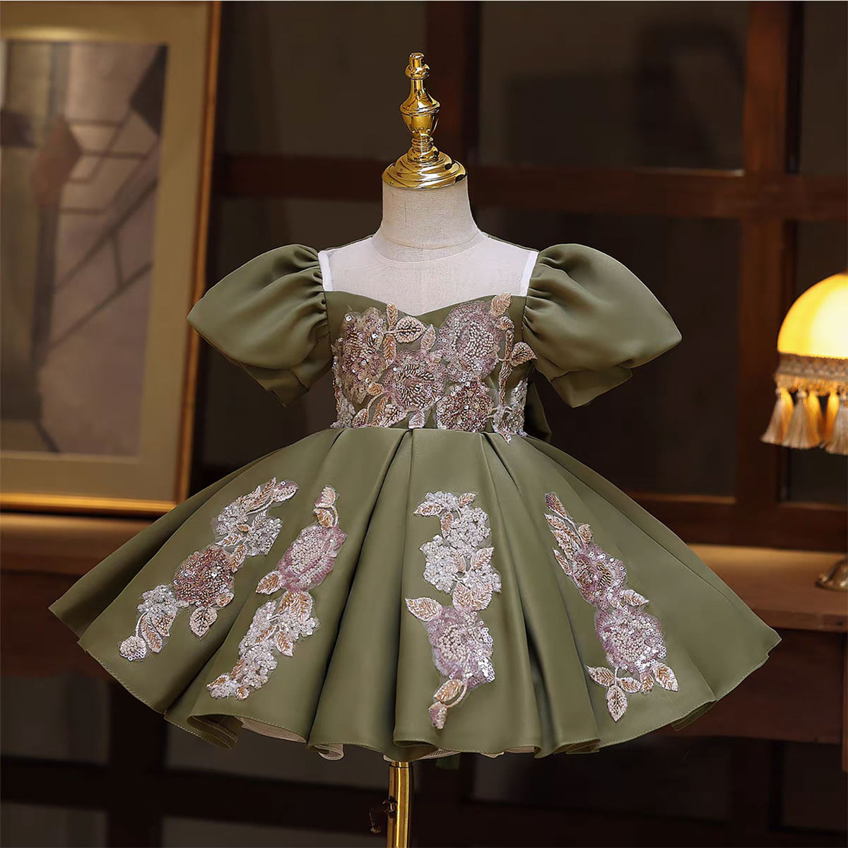 Green Flower Girl Dress Beaded Lace Wedding Birthday Party Dress D131