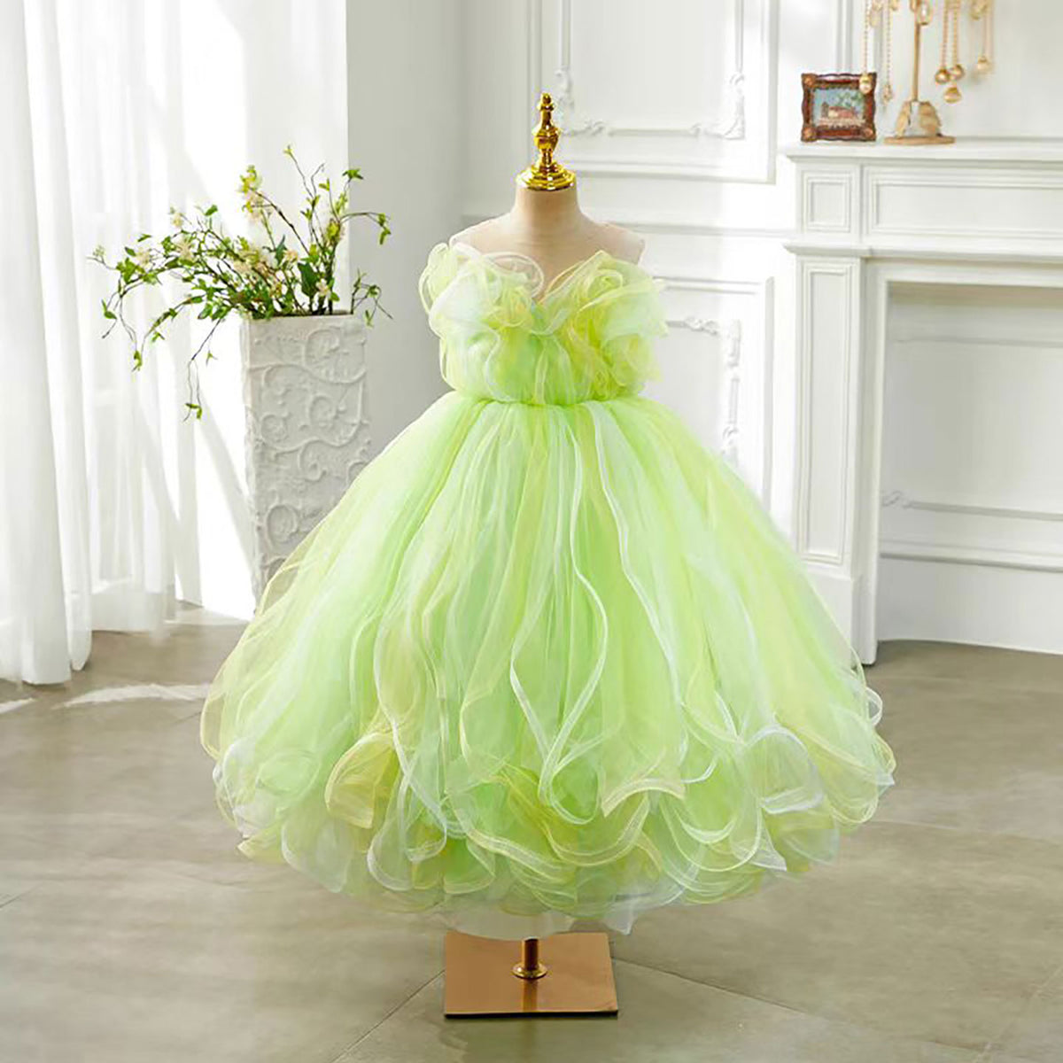 Green Elegant Ruffled Tulle Flower Girl Dress  Birthday Party Prom D126
