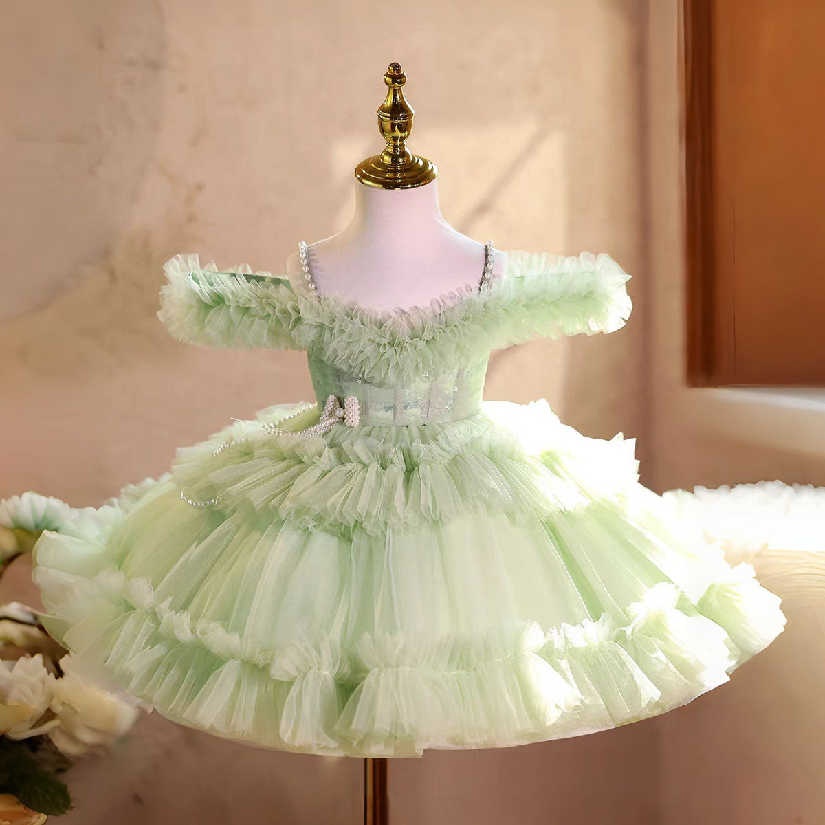 Off Shoulder Pearls Beauty Pageant Girl Dress Princess Birthday Gown D239