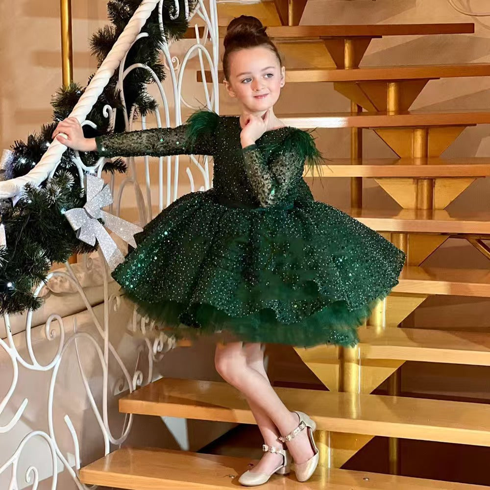 Christmas Girl Dress Beading for Kids Princess Birthday Gown J713
