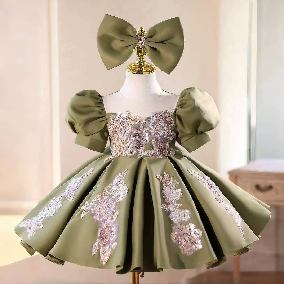Green Flower Girl Dress Beaded Lace Wedding Birthday Party Dress D131