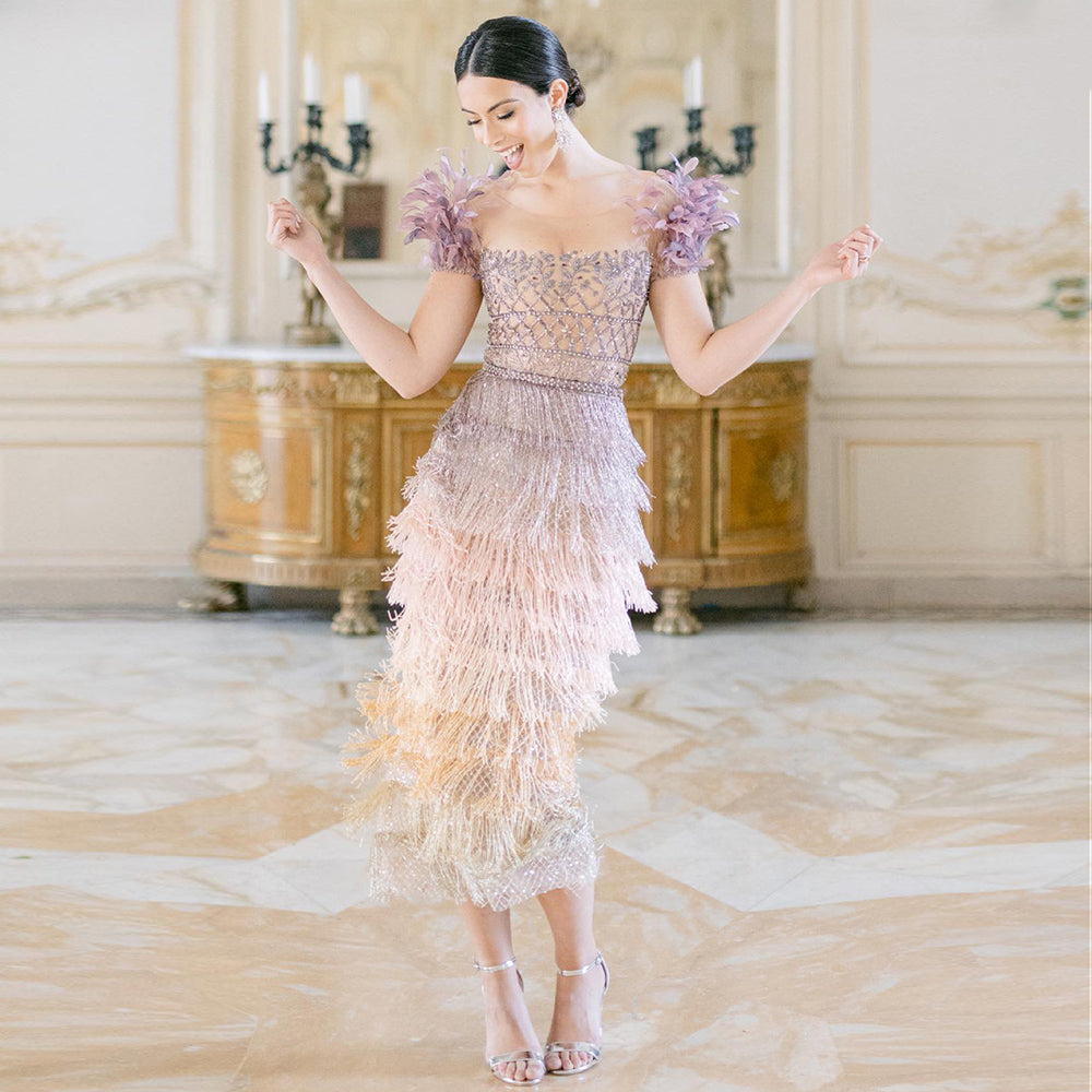 Luxury Feathers Tassel Lilac Dubai Evening Dresses for Women SS379