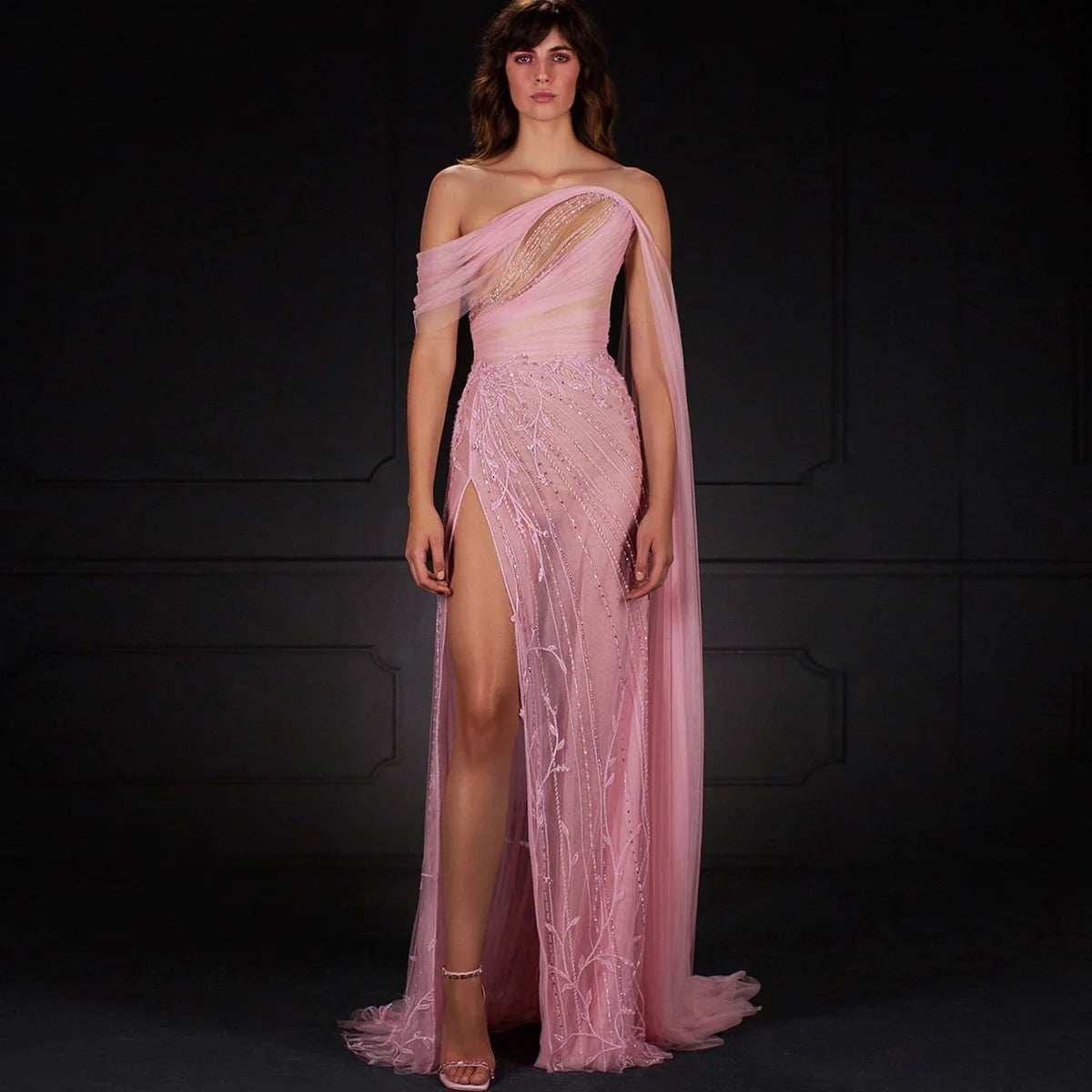 Pink off-the-shoulder evening dress featuring cape sleeves and a high slit SS466