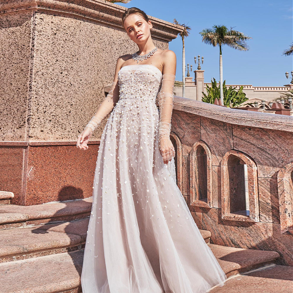 Luxury Dubai Pearls White Nude Arabic Evening Dresses with Gloves SS373