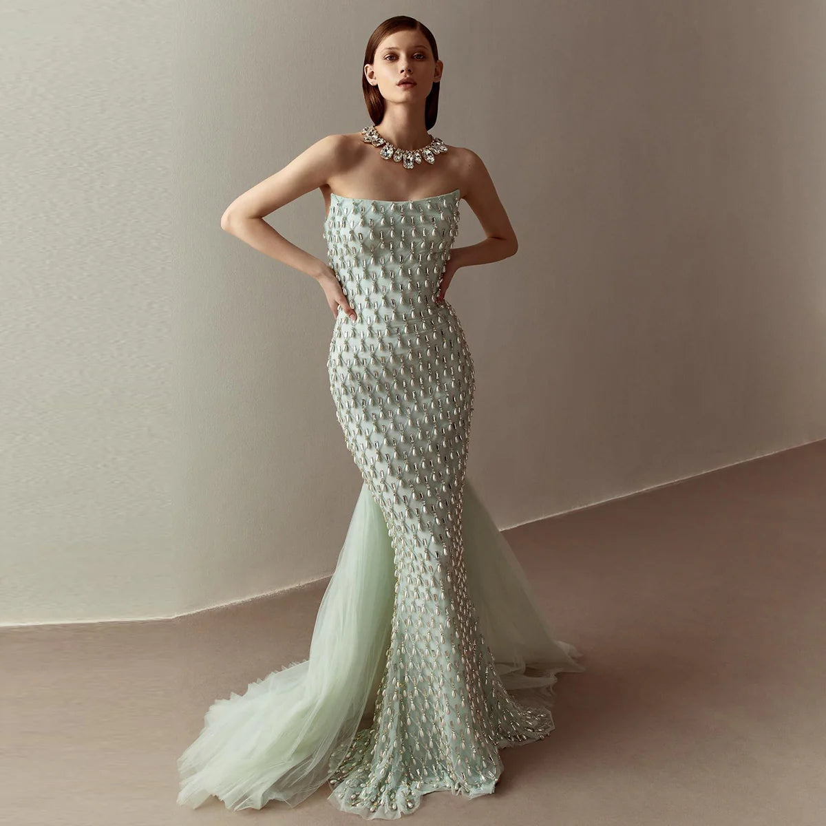 Luxury Crystal Pearls Mermaid Sage Green Evening Dress with Cape SS431