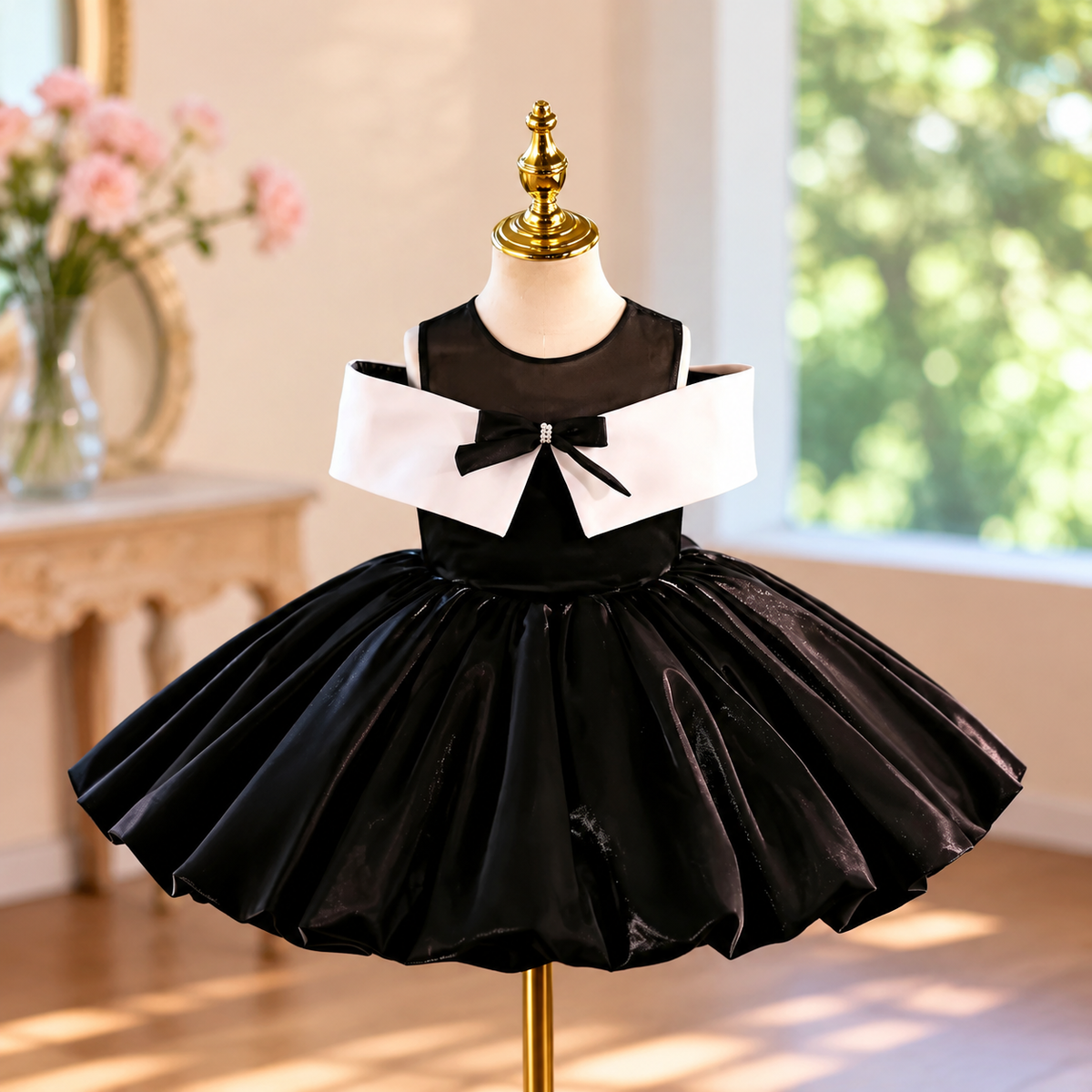 Black and White Bow Flower Girl Dress J923