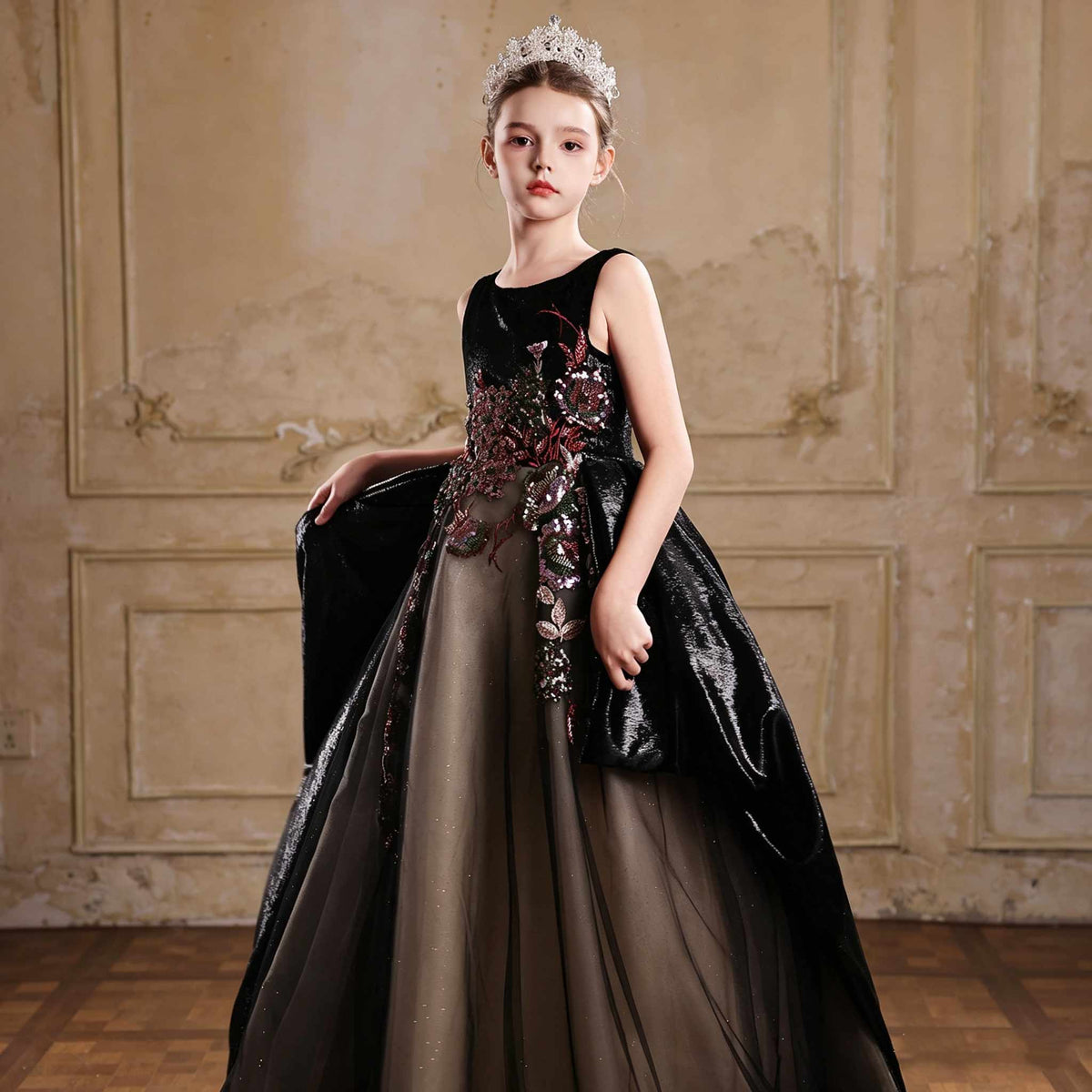 J126 black sequined embroidered flower girl dress 02