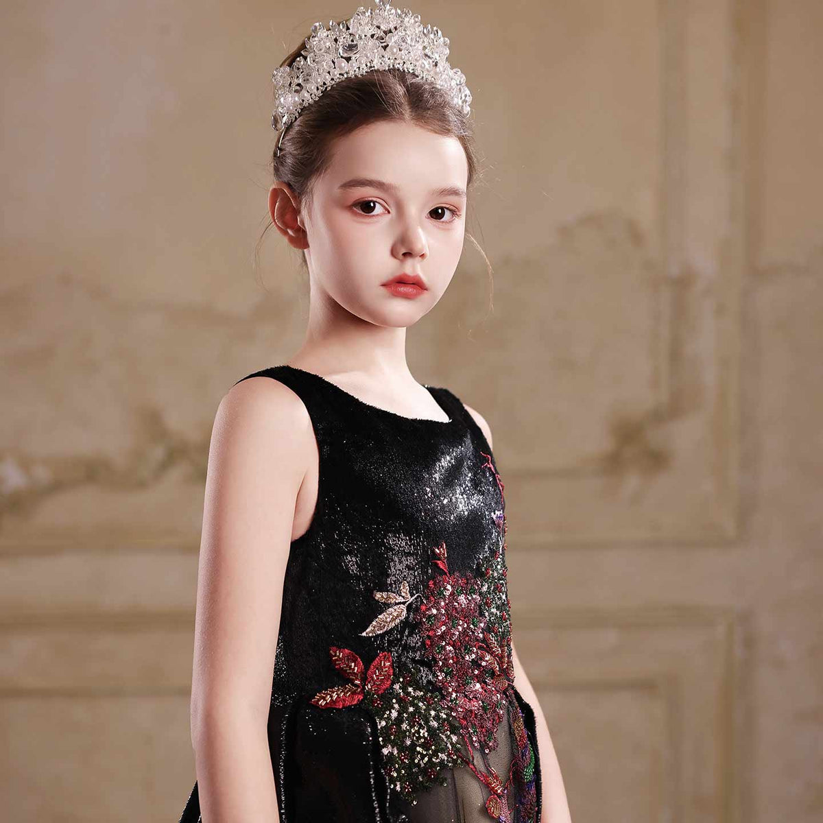 J126 black sequined embroidered flower girl dress 05