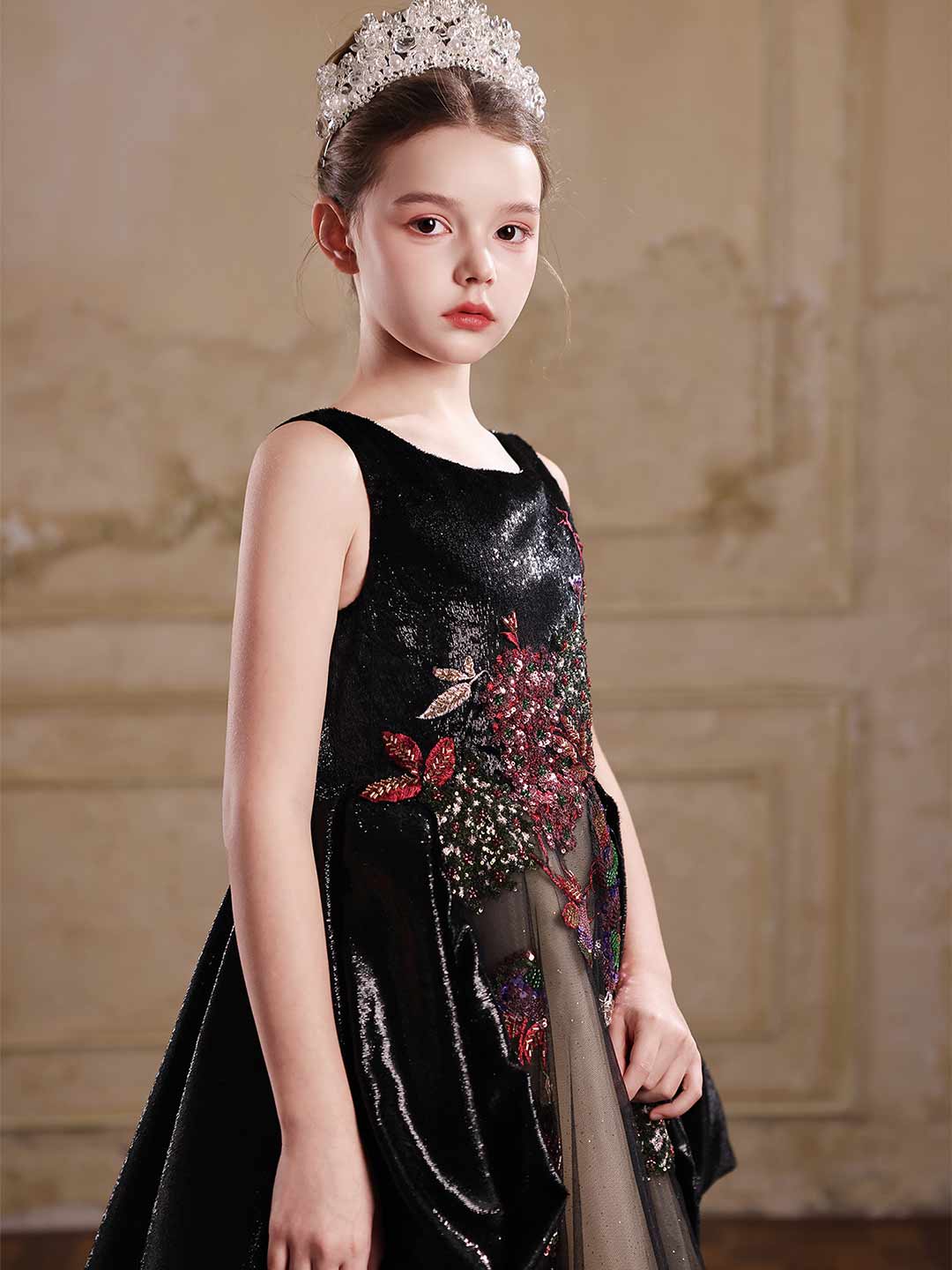 J126 black sequined embroidered flower girl dress 06
