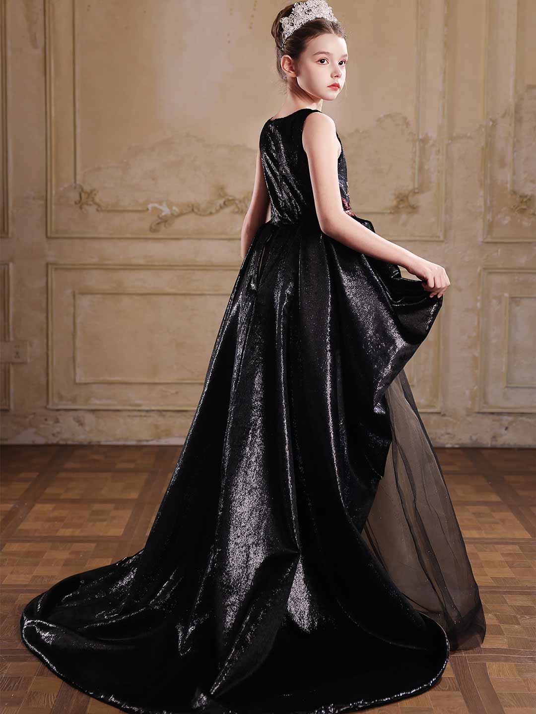 J126 black sequined embroidered flower girl dress 08