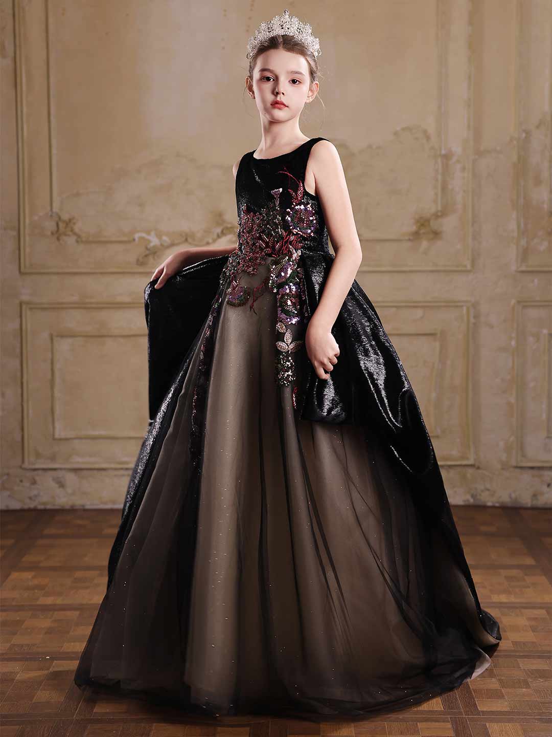 J126 black sequined embroidered flower girl dress 09