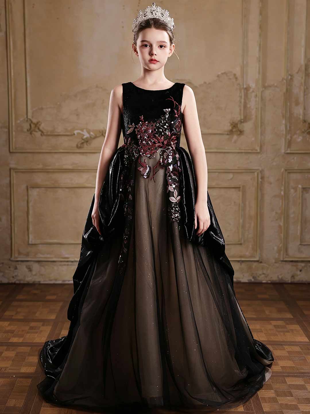 J126 black sequined embroidered flower girl dress 12