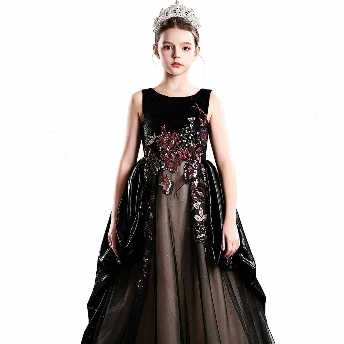 J126 black sequined embroidered flower girl dress 13
