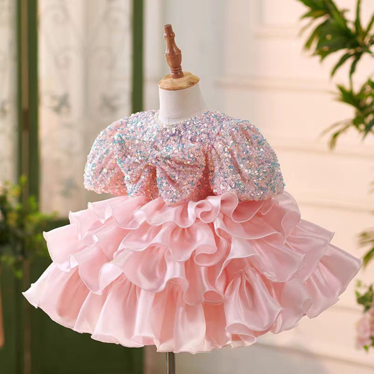 J453 sequin ruffle flower girl dress