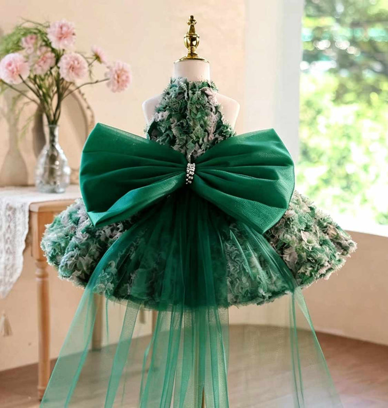 Green 3D floral tulle flower girl dress J505 — view
