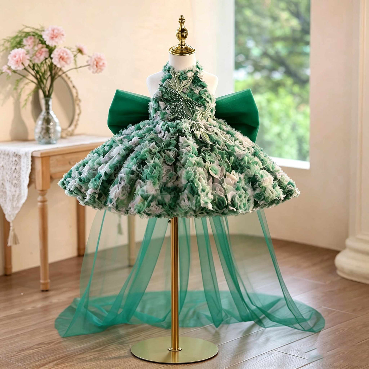 Green 3D floral tulle flower girl dress J505 — front view