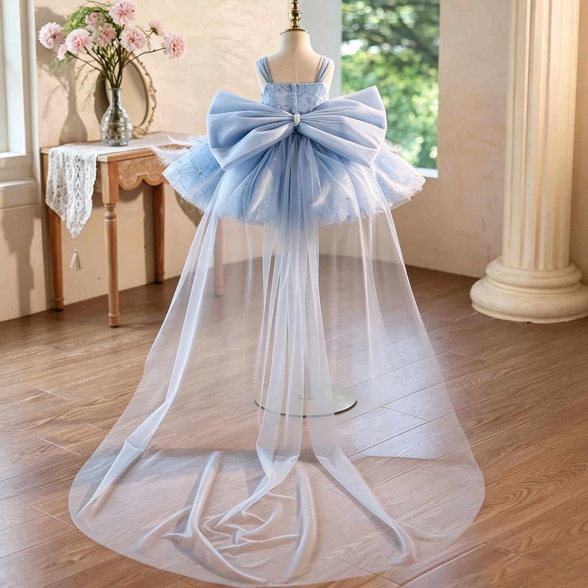 Blue floral feather tulle flower girl dress J506 — back view