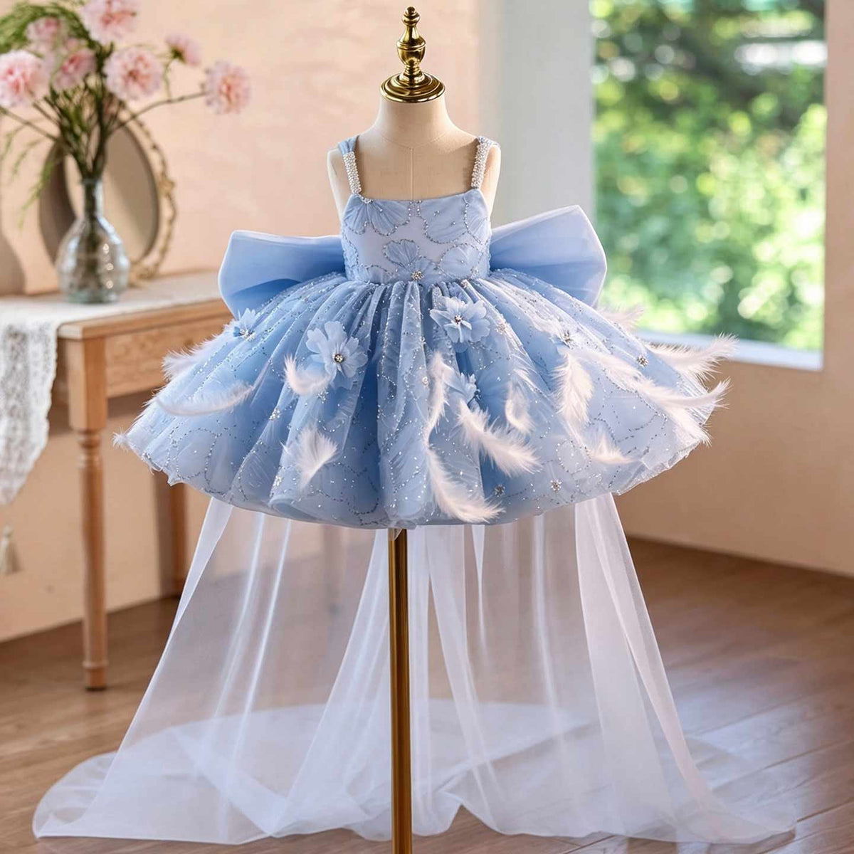 Blue floral feather tulle flower girl dress J506 — front view