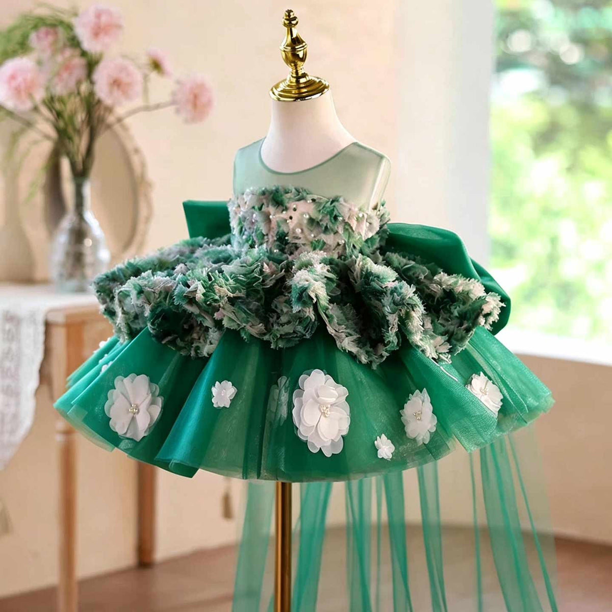 Green 3D floral tulle flower girl dress with sheer train J507 3