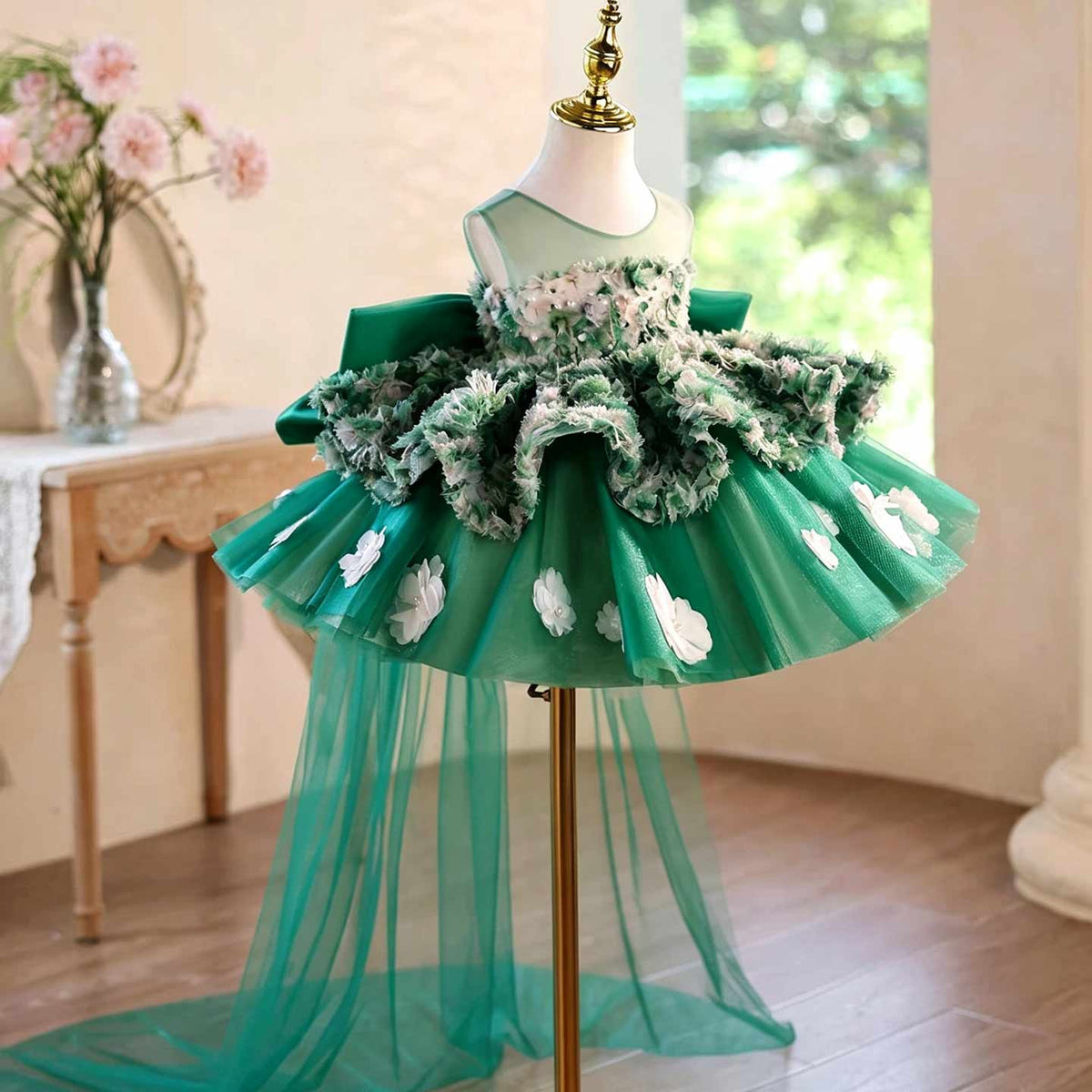 Green 3D floral tulle flower girl dress with sheer train J507 4