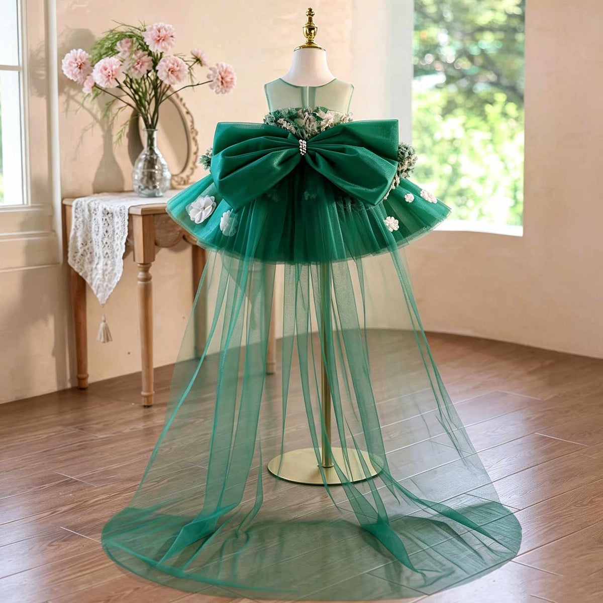 Green 3D floral tulle flower girl dress with sheer train J507 2
