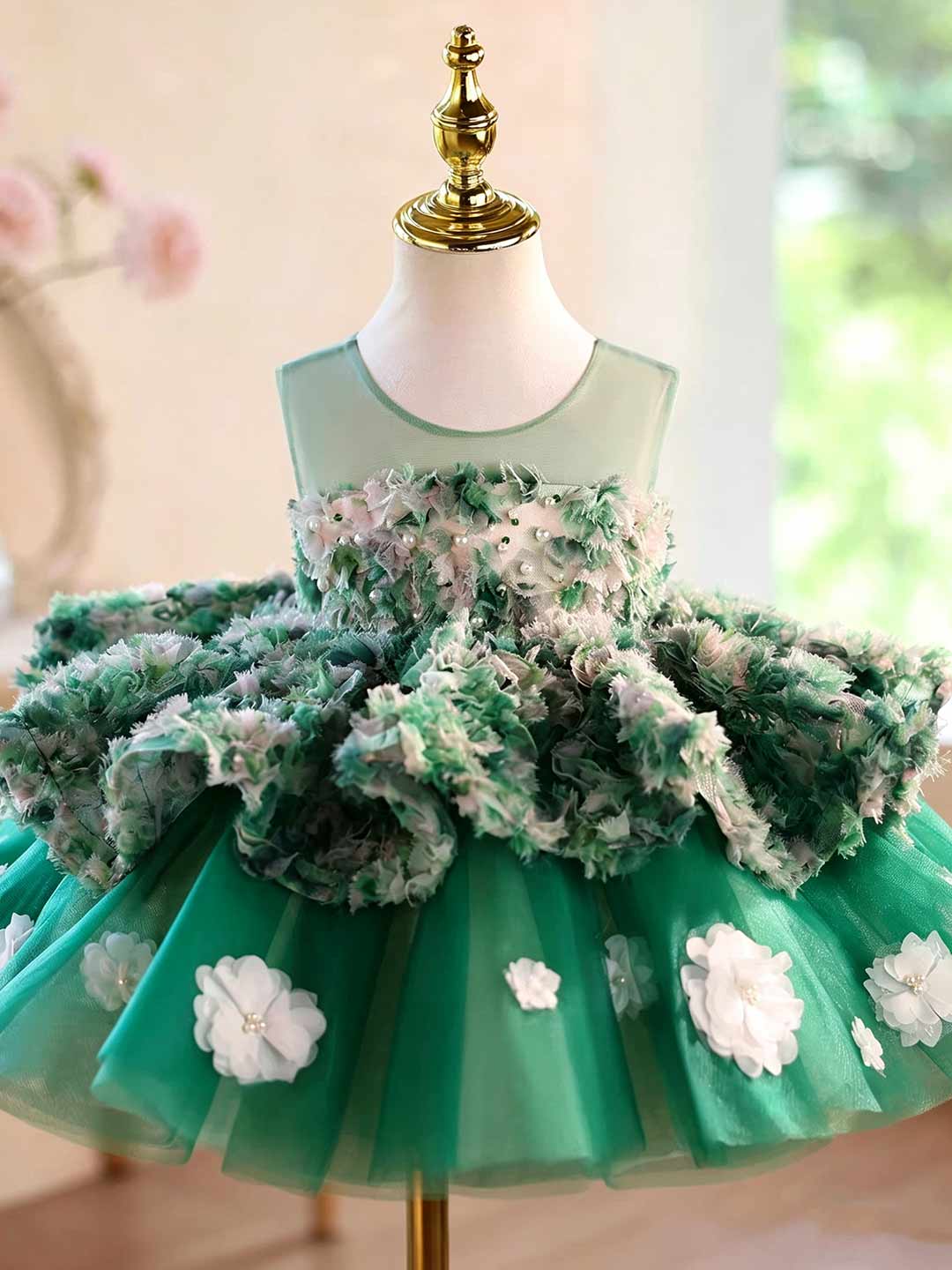 Green 3D floral tulle flower girl dress with sheer train J507 6