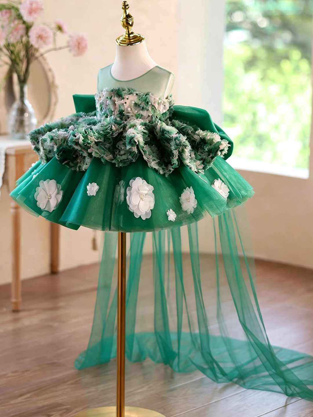 Green 3D floral tulle flower girl dress with sheer train J507 9