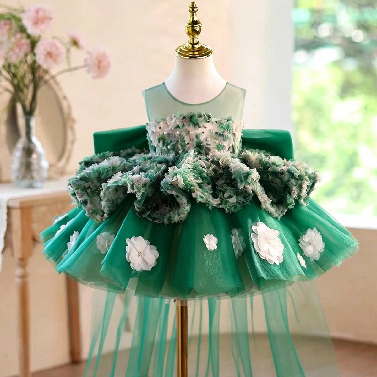 Green 3D floral tulle flower girl dress with sheer train J507 5