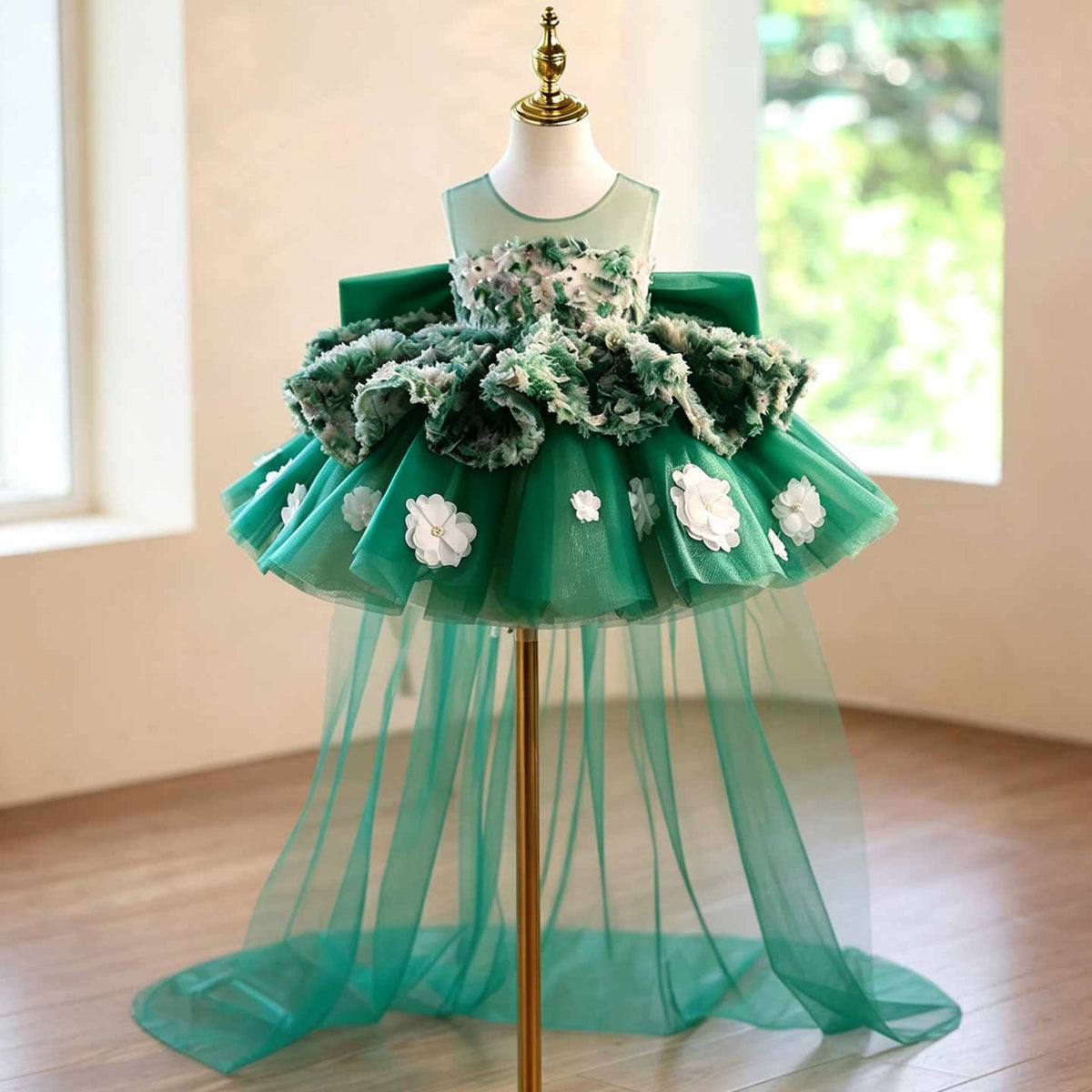 Green 3D floral tulle flower girl dress with sheer train J507 1