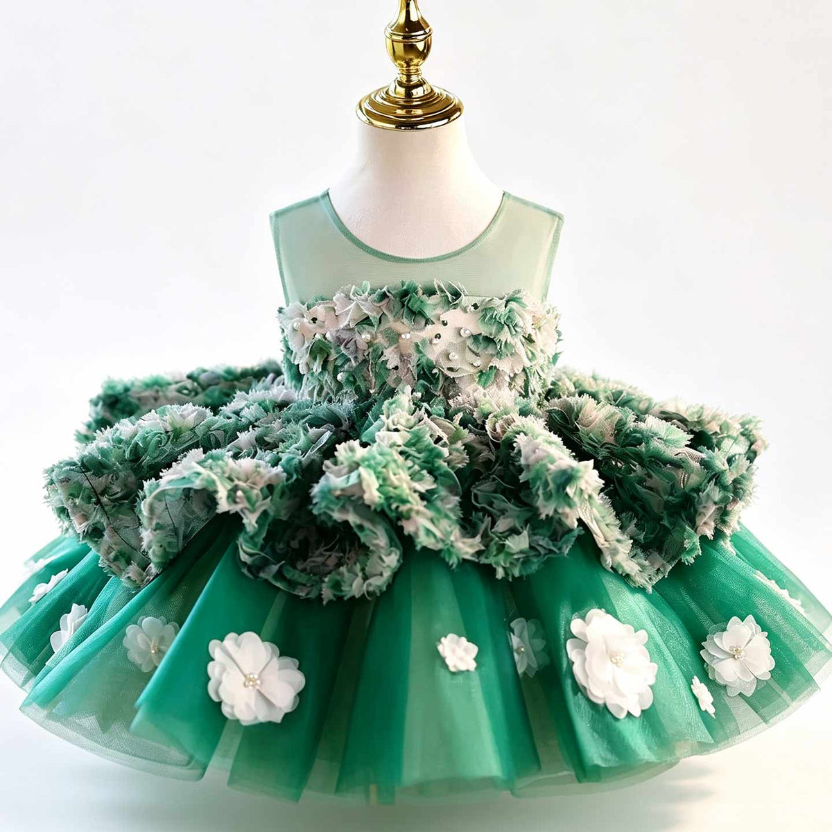 Green 3D floral tulle flower girl dress with sheer train J507 11