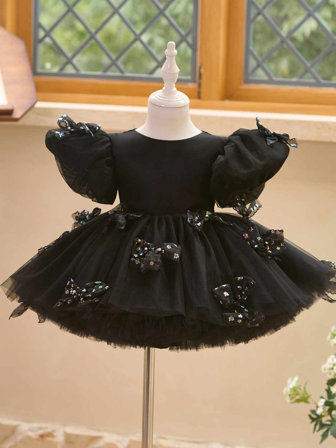 Black puff sleeve bow tulle girl dress J508 3