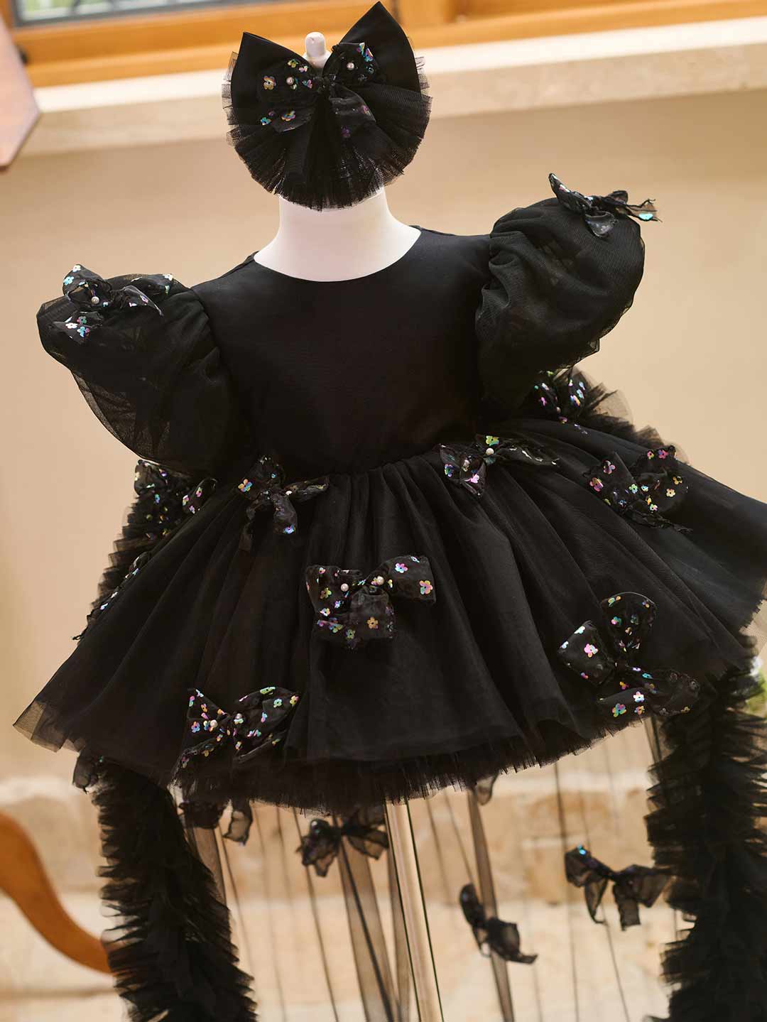 Black puff sleeve bow tulle girl dress J508 5