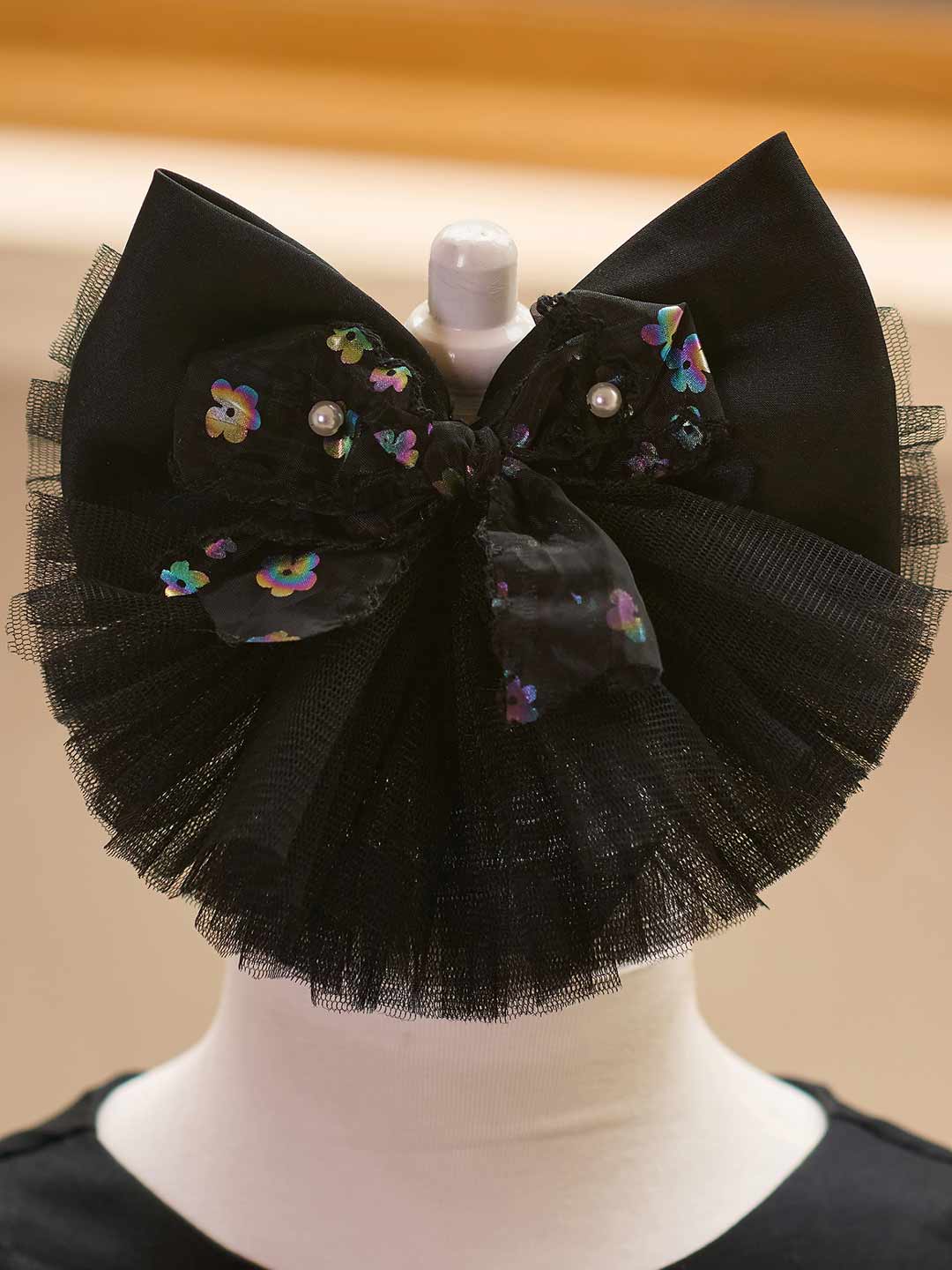 Black puff sleeve bow tulle girl dress J508 6