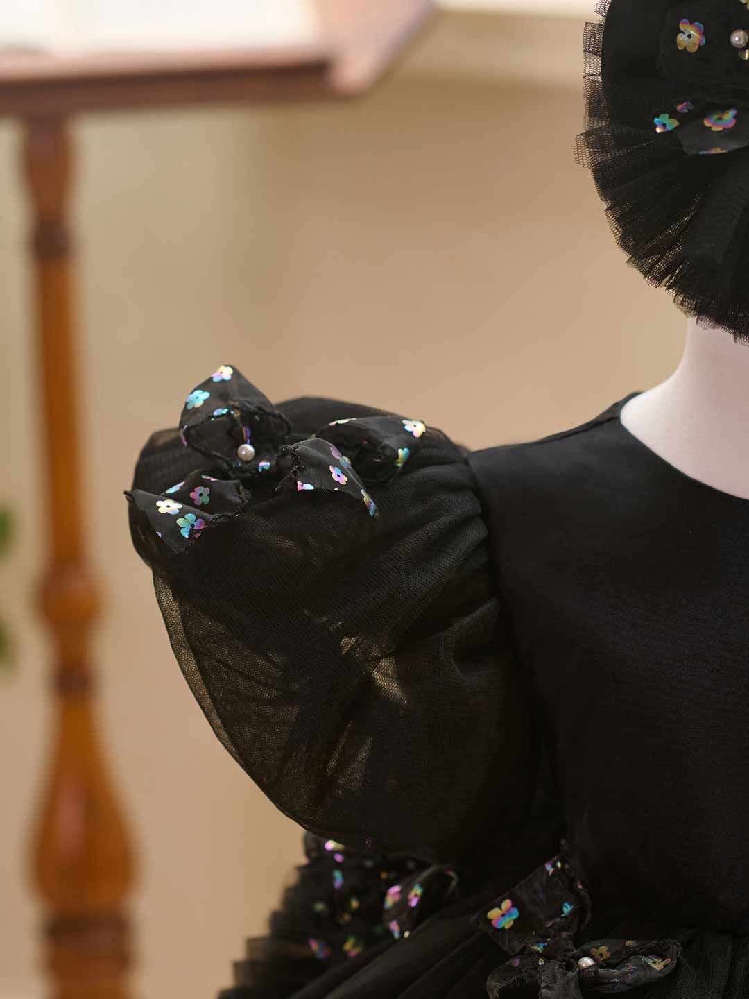 Black puff sleeve bow tulle girl dress J508 7