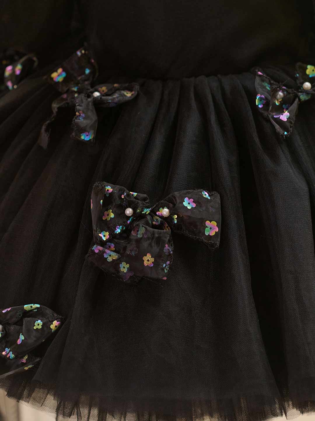 Black puff sleeve bow tulle girl dress J508 8