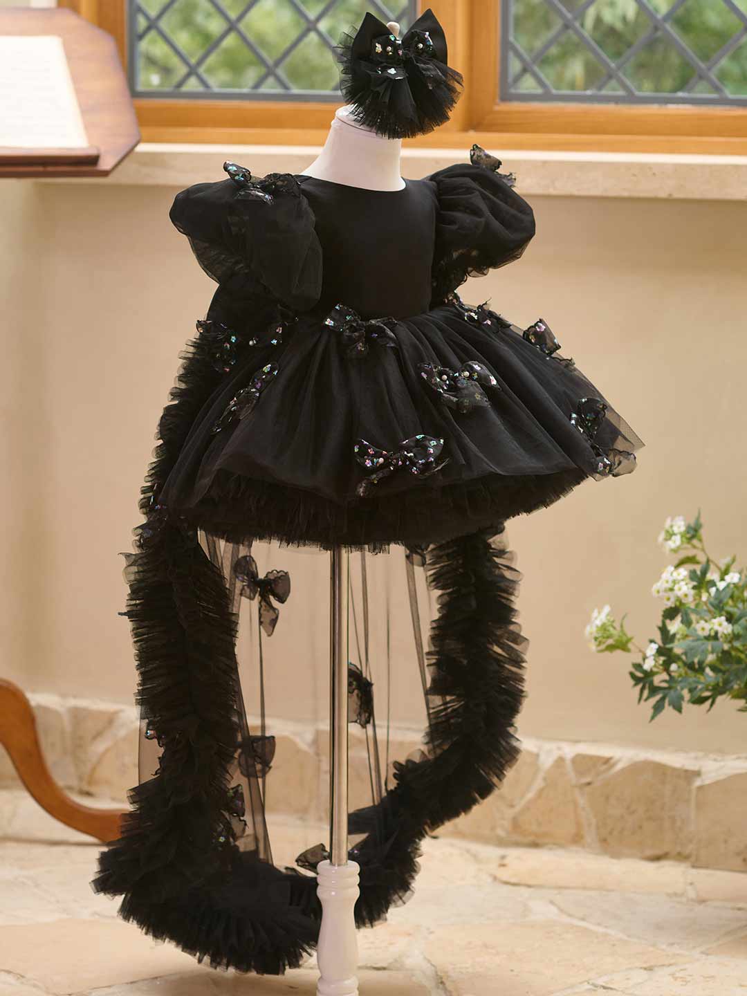 Black puff sleeve bow tulle girl dress J508 9