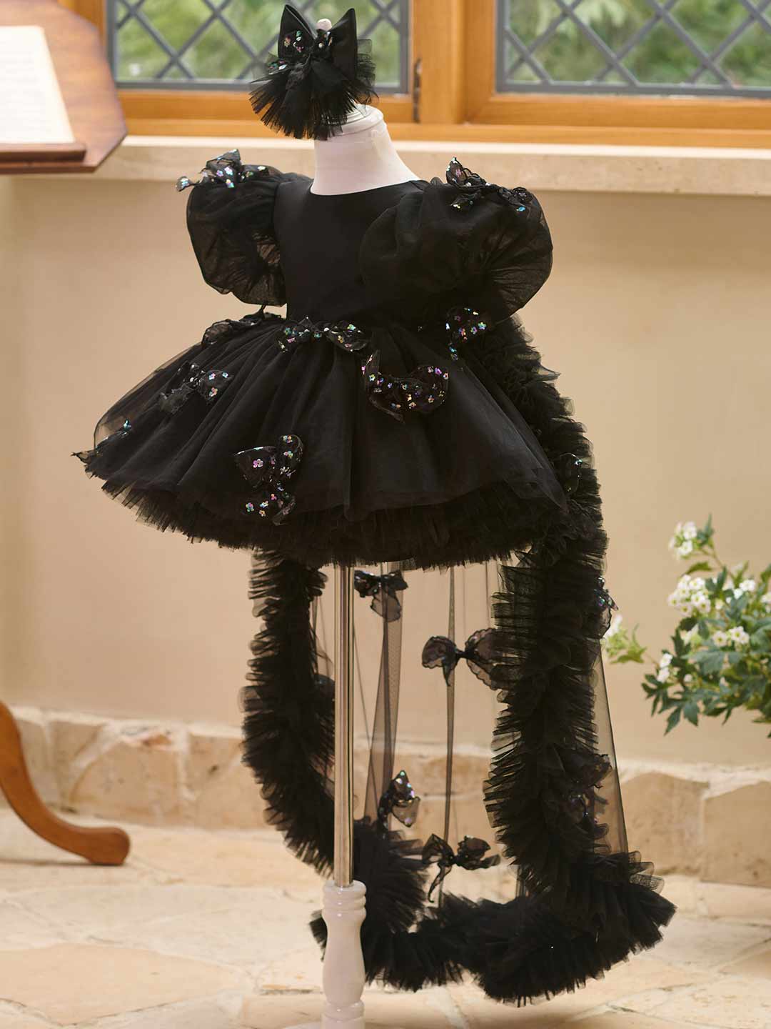 Black puff sleeve bow tulle girl dress J508 10
