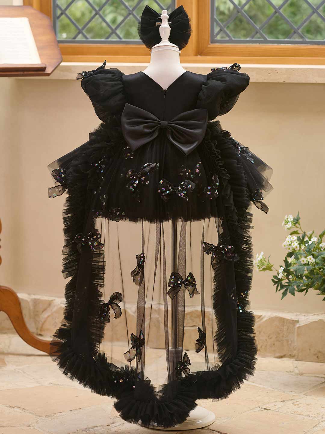 Black puff sleeve bow tulle girl dress J508 11