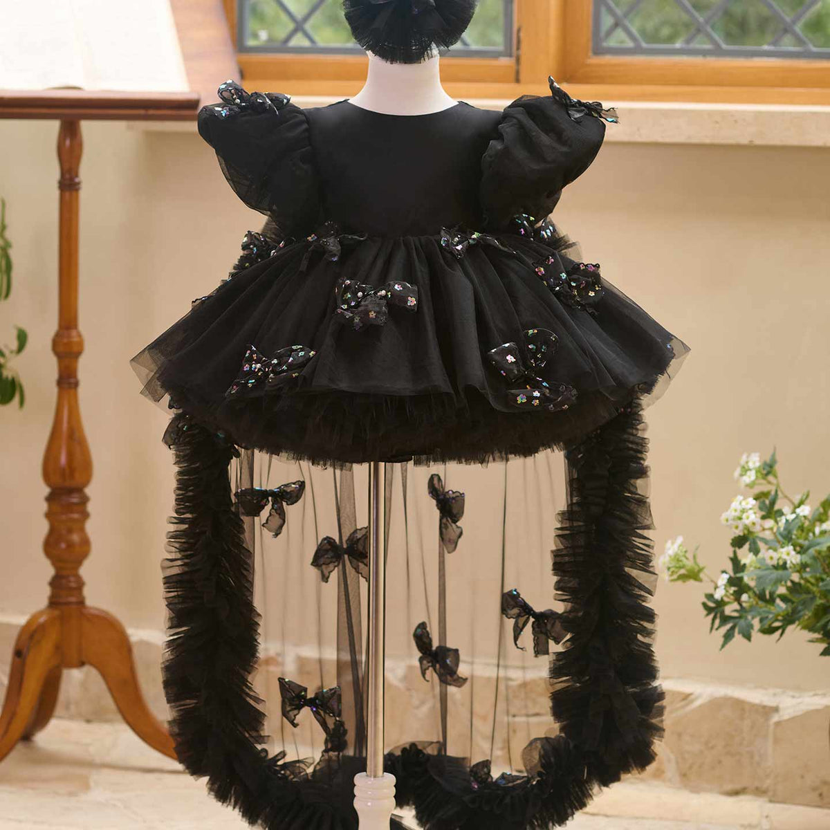 Black puff sleeve bow tulle girl dress J508 1