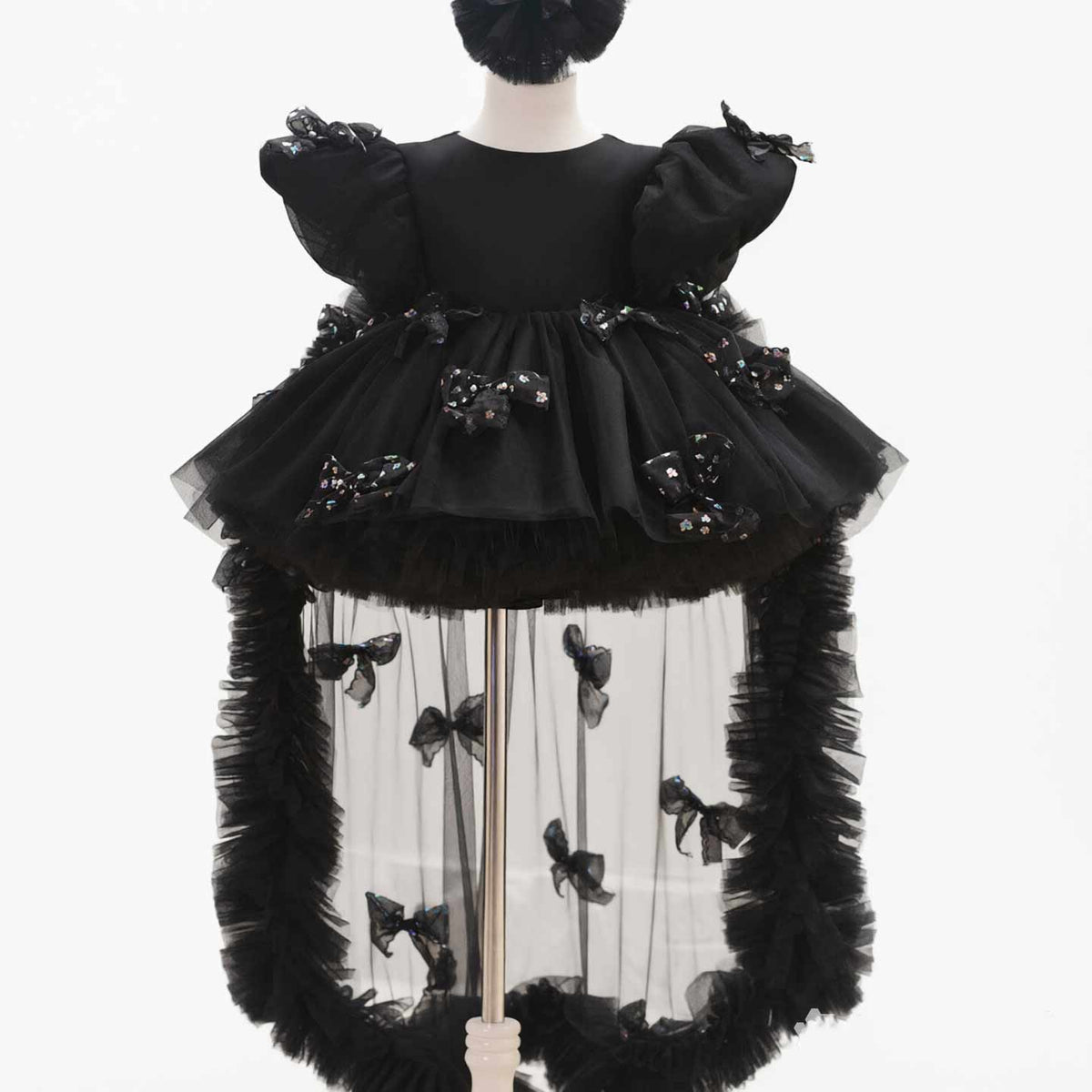 Black puff sleeve bow tulle girl dress J508 2