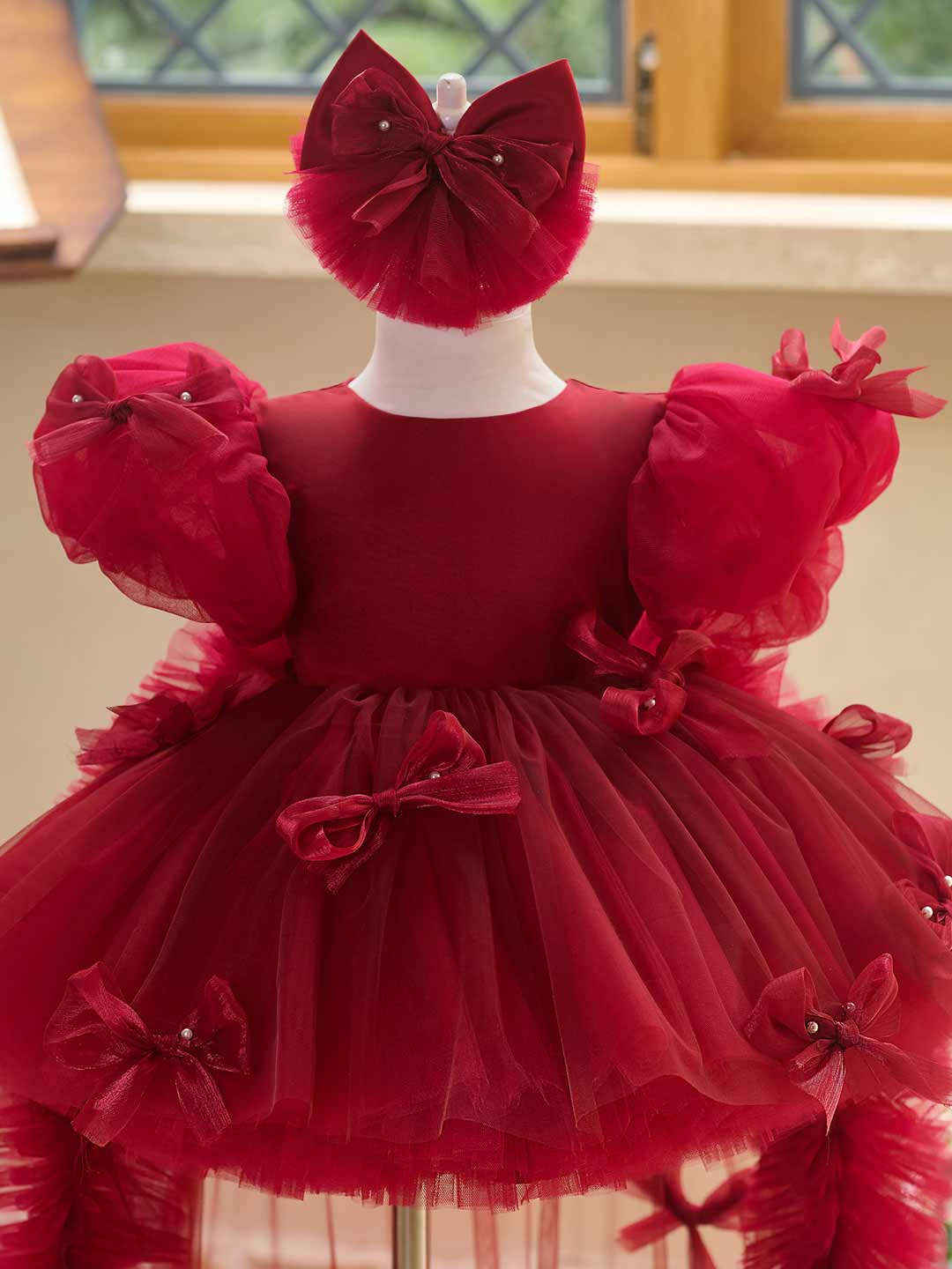 Burgundy puff sleeve bow tulle girl dress J508 14