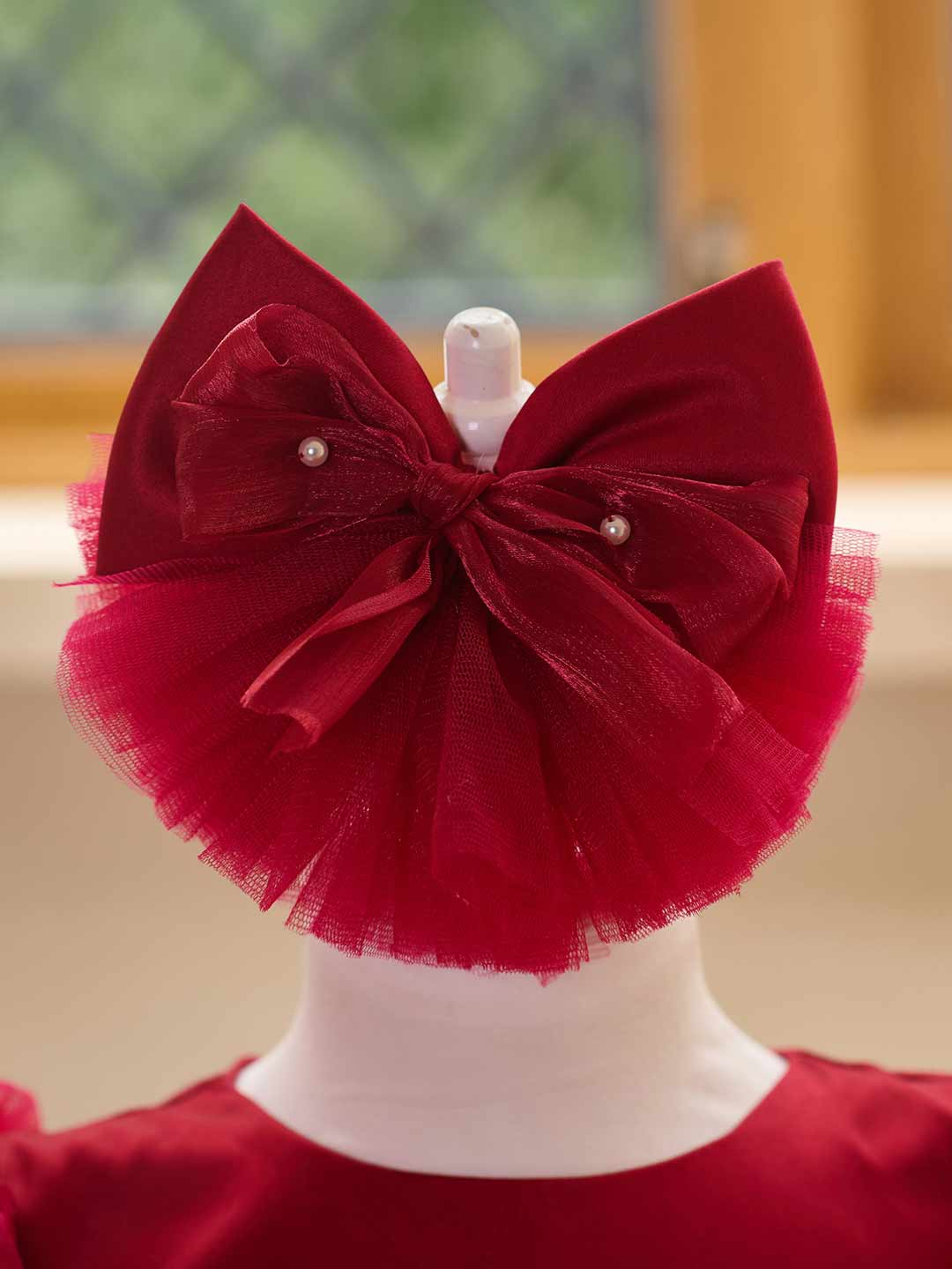 Burgundy puff sleeve bow tulle girl dress J508 15