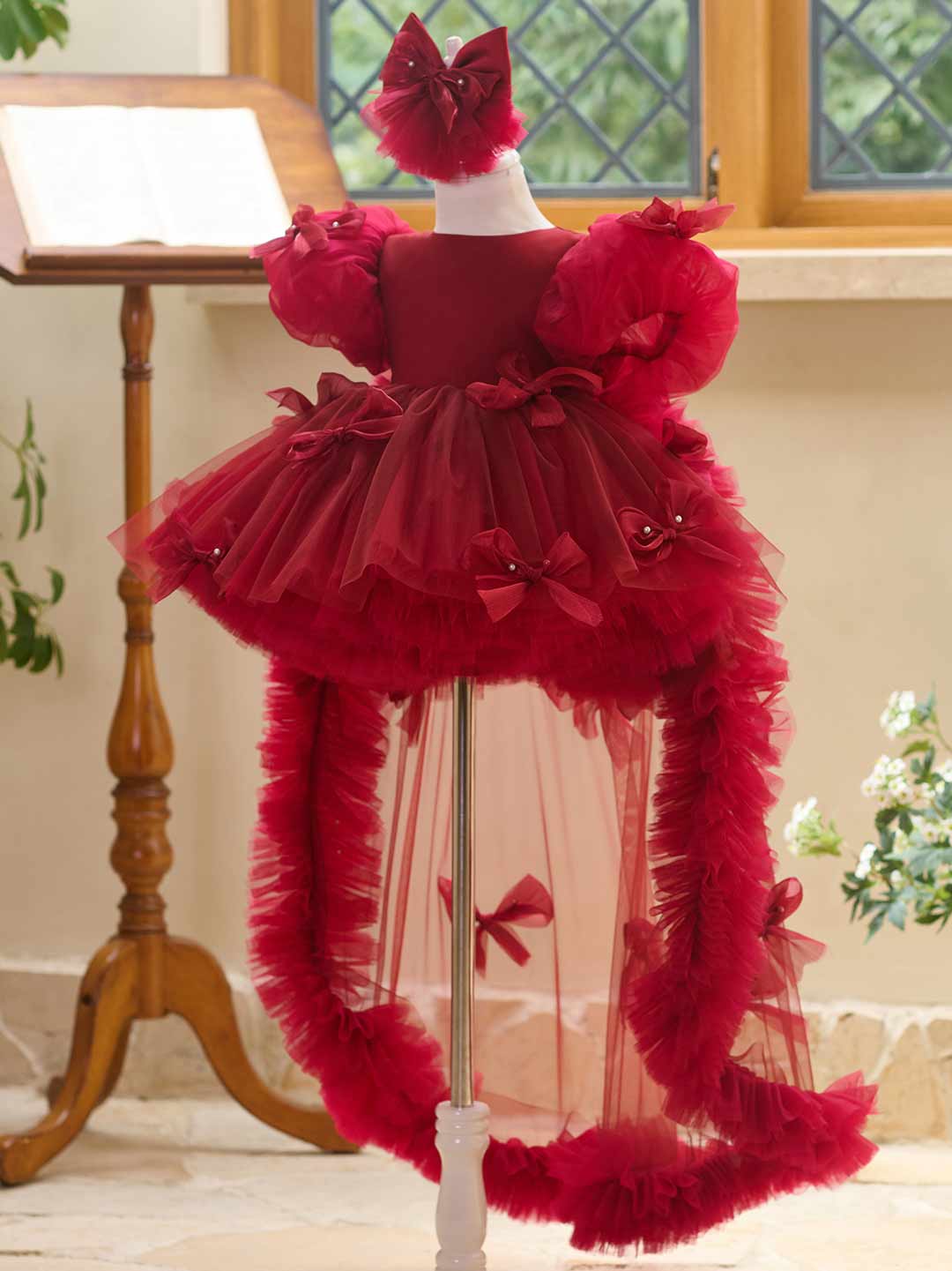 Burgundy puff sleeve bow tulle girl dress J508 16