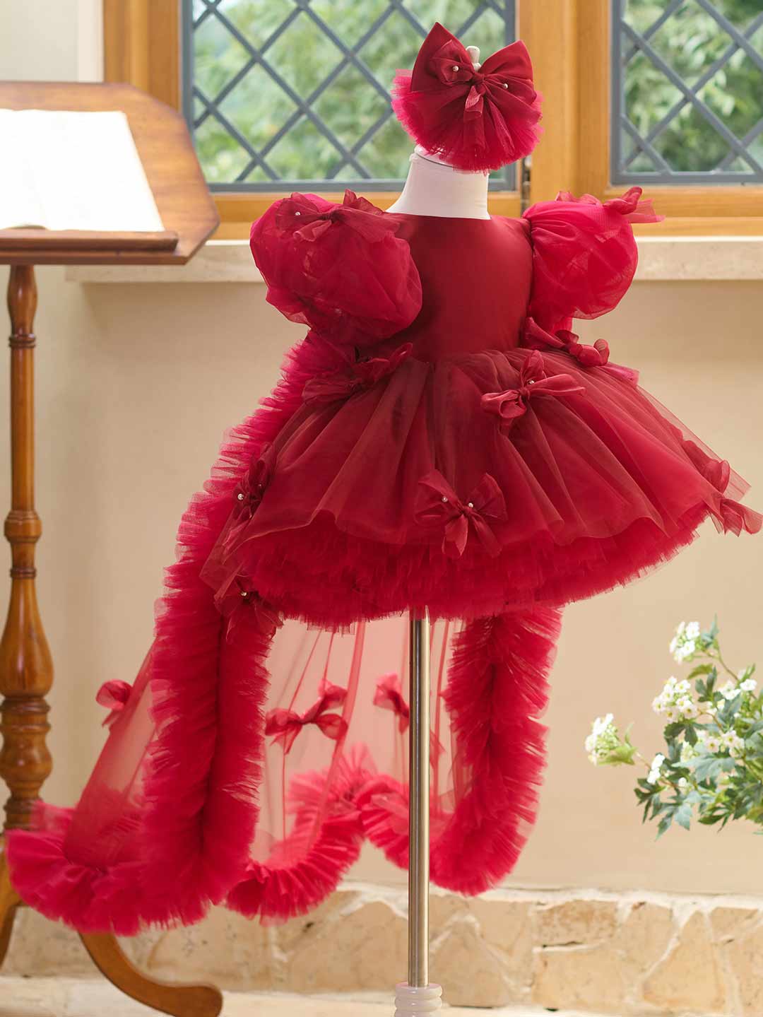 Burgundy puff sleeve bow tulle girl dress J508 17