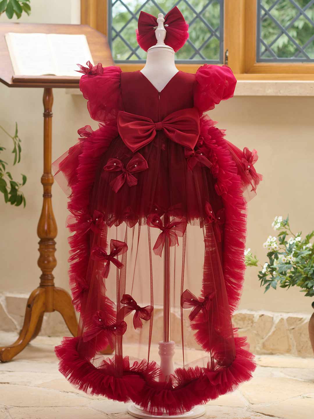 Burgundy puff sleeve bow tulle girl dress J508 18