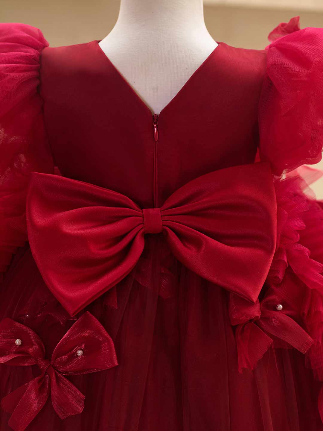 Burgundy puff sleeve bow tulle girl dress J508 19