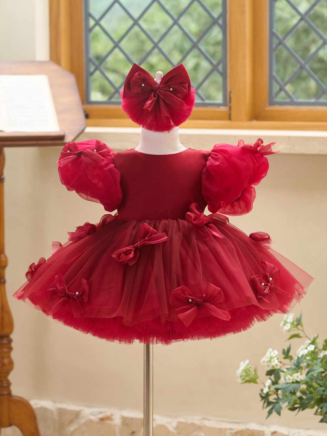 Burgundy puff sleeve bow tulle girl dress J508 20