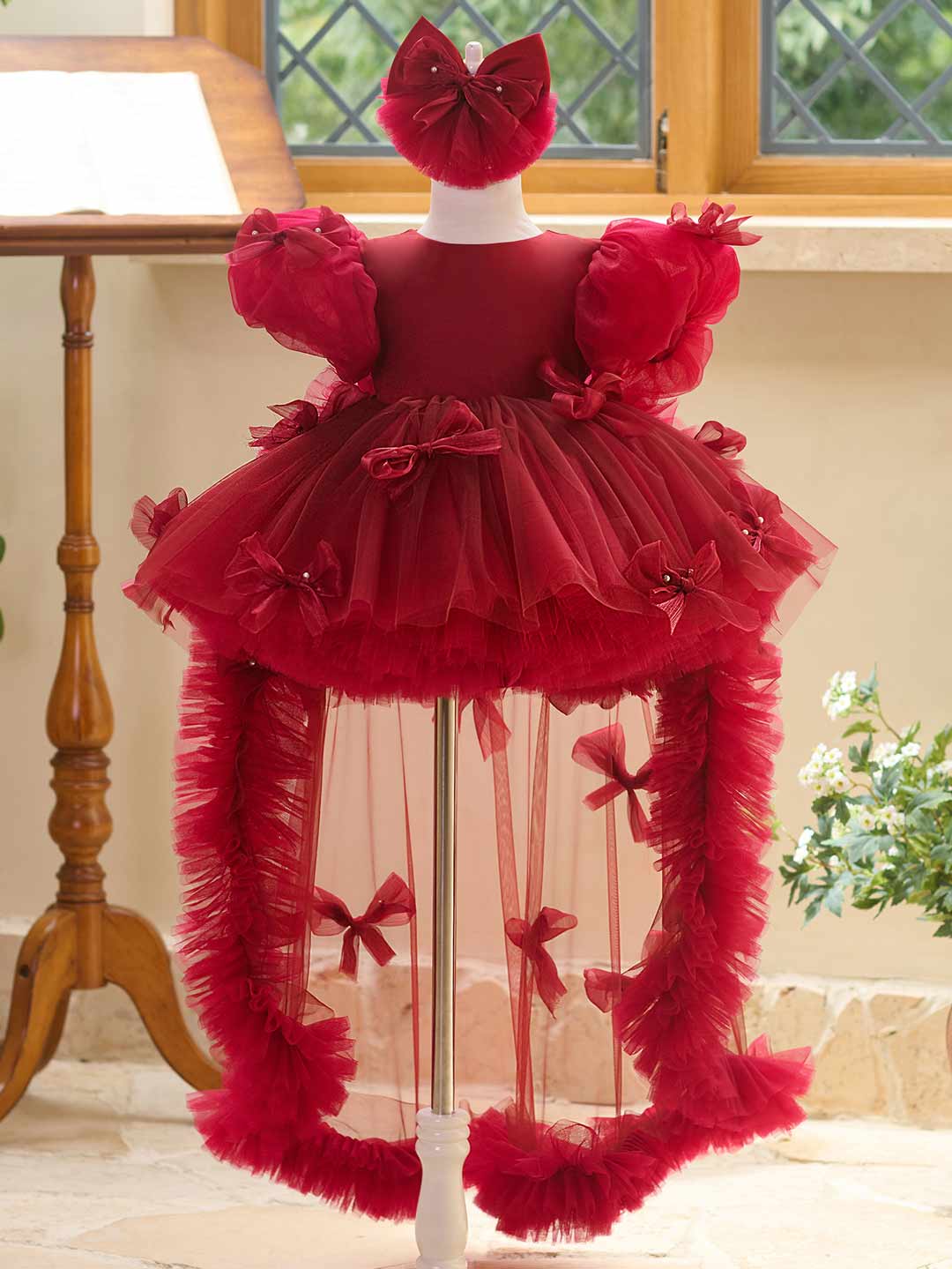 Burgundy puff sleeve bow tulle girl dress J508 21