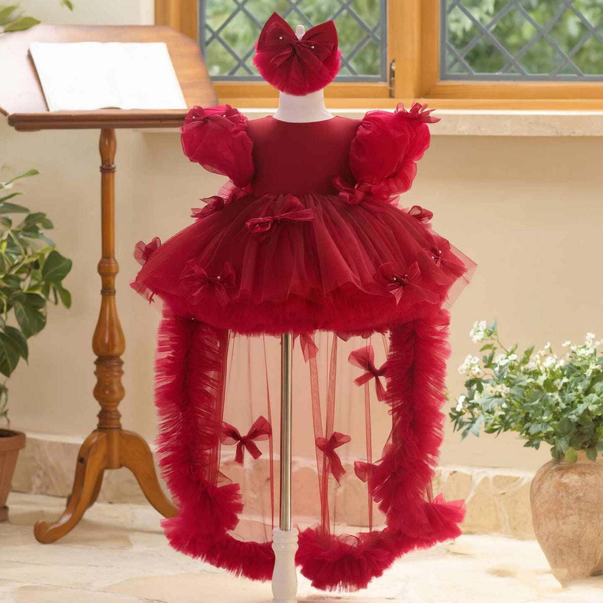 Burgundy puff sleeve bow tulle girl dress J508 12